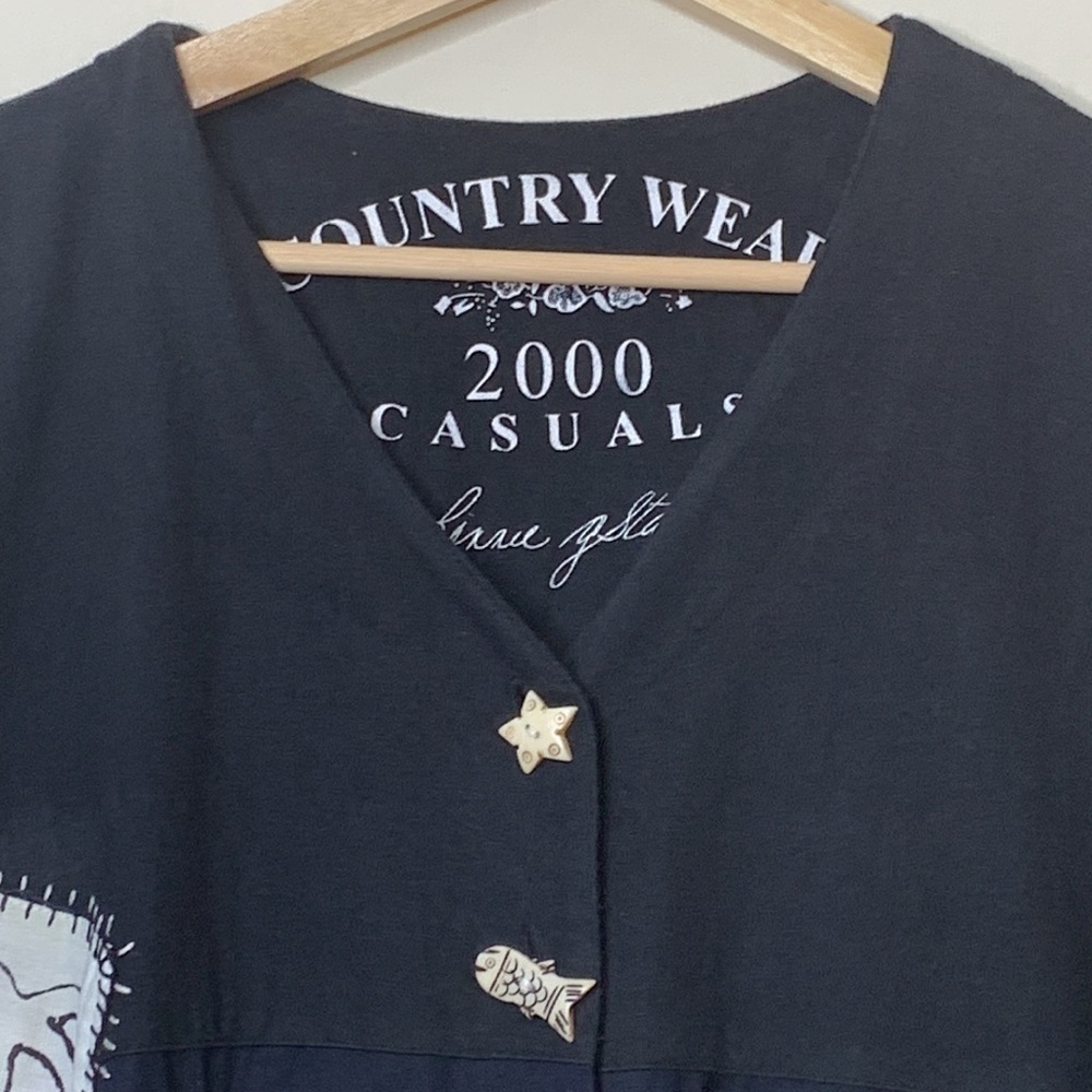Country Wear 2000 Black Cotton Linen Fish Cat Patchwork Shortsleeve Maxi Dress M - Picture 5 of 17
